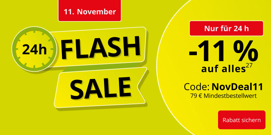Nur Heute! 11 % ab 79 € Mindestbestellwert extra sparen. Verwenden sie dafür den Code: NovDeal11 – Ausgenommen davon sind rezeptpflichtige Produkte, Bücher und Säuglingsanfangsnahrung.