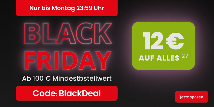 Black Friday Deal! 12 € Rabatt ab 100 € Bestellwert. Verwenden sie dafür den Code: BlackDeal – Ausgenommen davon sind rezeptpflichtige Produkte, Bücher und Säuglingsanfangsnahrung.
