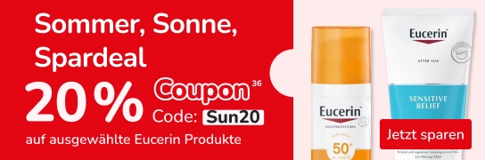 20 % Rabatt auf ausgewählte Eucerin-Produkte mit Code Sun20 - Weitere Bedingungen siehe Fußnote 36