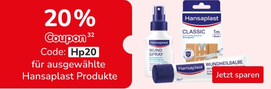 20 % Rabatt auf viele Hansaplast-Produkte mit Code HP20 - Weitere Bedingungen siehe Fußnote 32