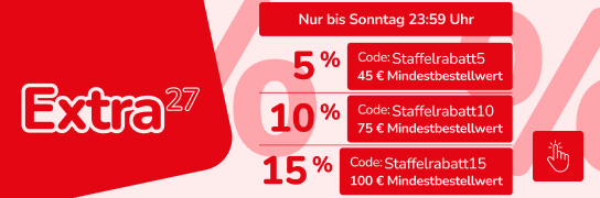 Stacked Discount : 5 % ab 45 € MBW, 10 % ab 75 € MBW, 15 % ab 100 € Weitere Bedingungen unter Fußnote 27
