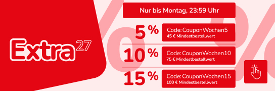 Stacked Discount : 5 % ab 45 € MBW, 10 % ab 75 € MBW, 15 % ab 100 € Weitere Bedingungen unter Fußnote 27