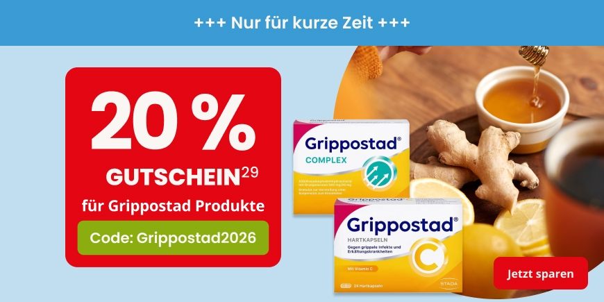 20% Extra-Rabatt auf Grippostad Produkte. Um die 20% Rabatt zu erhalten, nutzen Sie einfach den Code: Grippostad2026. Aktion gültig vom 14.01.2026 bis 28.02.2026.