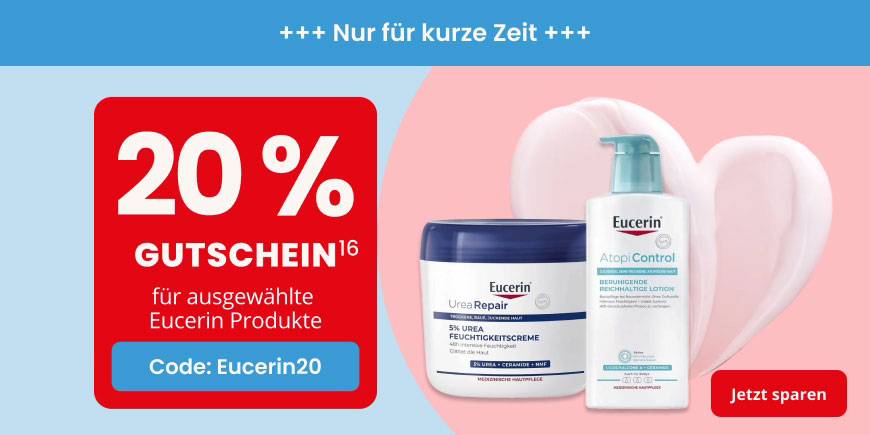 20 % Extra-Rabatt auf ausgewählte Eucerin-Produkte mit dem Code: Eucerin20 – Weitere Bedingungen unter Fußnote 16